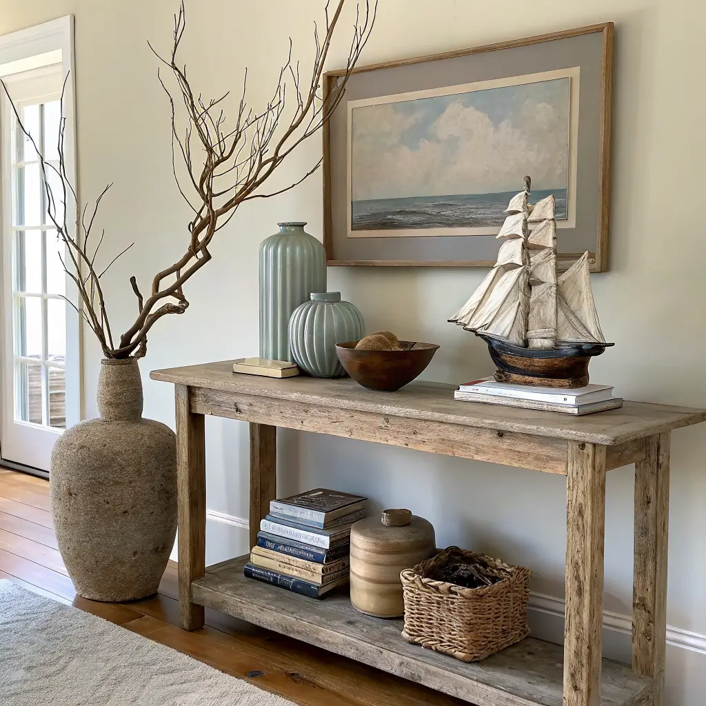 Photorealistic living room vignette with driftwood console table, vase with olive branches, vintage books, brass bowl with sea stones, brass compass, and Maine coastline painting on a cream wall.