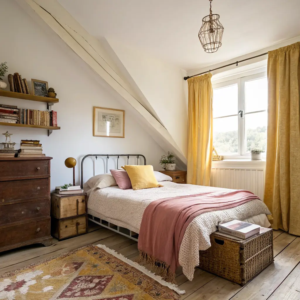 Photorealistic tiny eclectic bedroom with brass bed in dusty pink linens, buttery yellow ceiling, gauzy daylight, crate nightstand with books and ceramic lamp, jute runner, and a leaning botanical print.