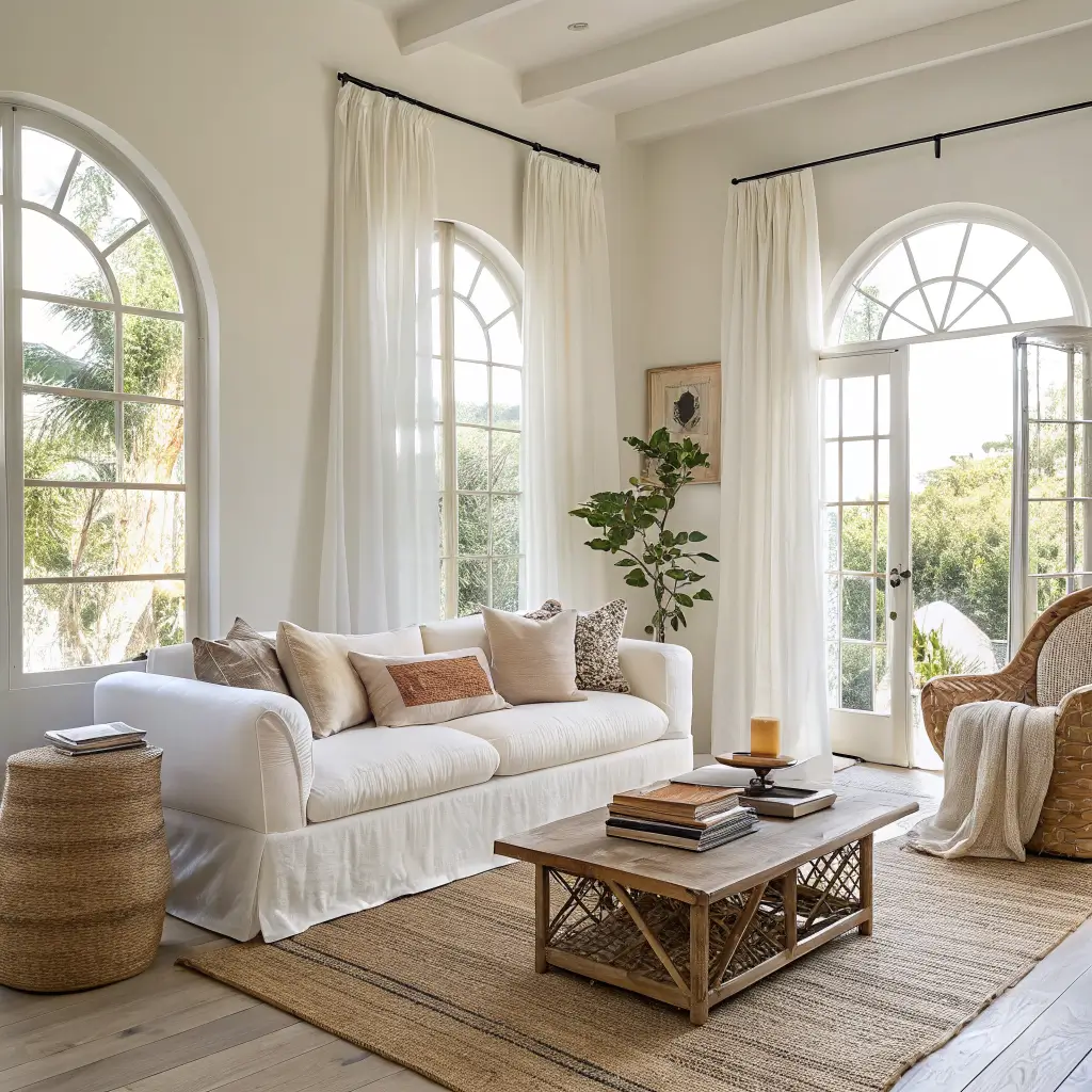 Sunlit airy living room with arched windows, linen-curtained light on whitewashed floors, oatmeal slipcovered sofa, jute rug, rattan chair, driftwood coffee table, and kentia palm.