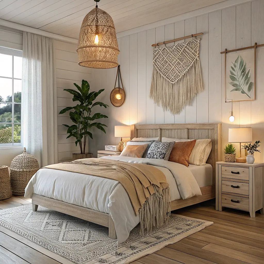 Cozy boho coastal bedroom with whitewashed pine bed, rumpled linen bedding, rattan bedside lamp glow, macramé wall hanging, jute rug, and pothos plant in warm early evening light.