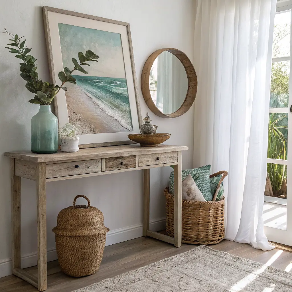 Sunlit living room corner with light oak console against a white wall, layered coastal art and rattan mirror, terracotta vase with eucalyptus, shells in a clay bowl, brass votive, and seagrass basket below.