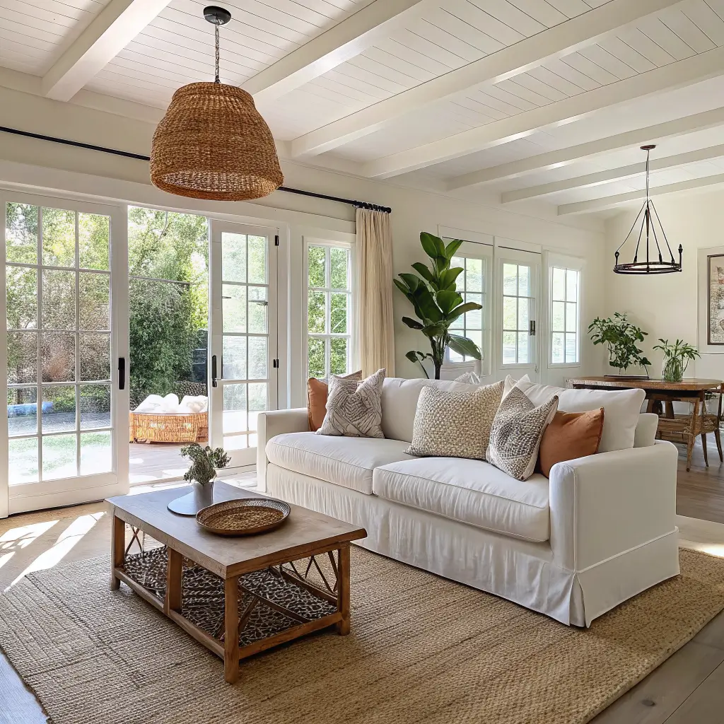 Sunlit open-concept living-dining room with white slipcovered sofa and layered pillows on a jute rug, round whitewashed coffee table, rattan pendant, fiddle leaf fig, and cane bistro chairs by French doors.