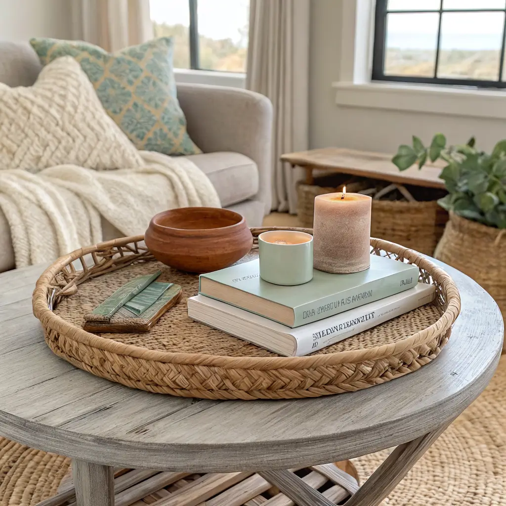 Boho coastal coffee table vignette with rattan tray, linen books, ceramic candle, driftwood, and terracotta bowl beside an oatmeal linen sofa.
