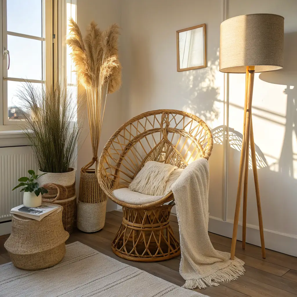 Boho coastal reading nook with a rattan peacock chair, cream knit throw, sheepskin on a jute rug, pampas-filled vase, linen-shaded floor lamp, and ladder shelf in warm late-afternoon light.