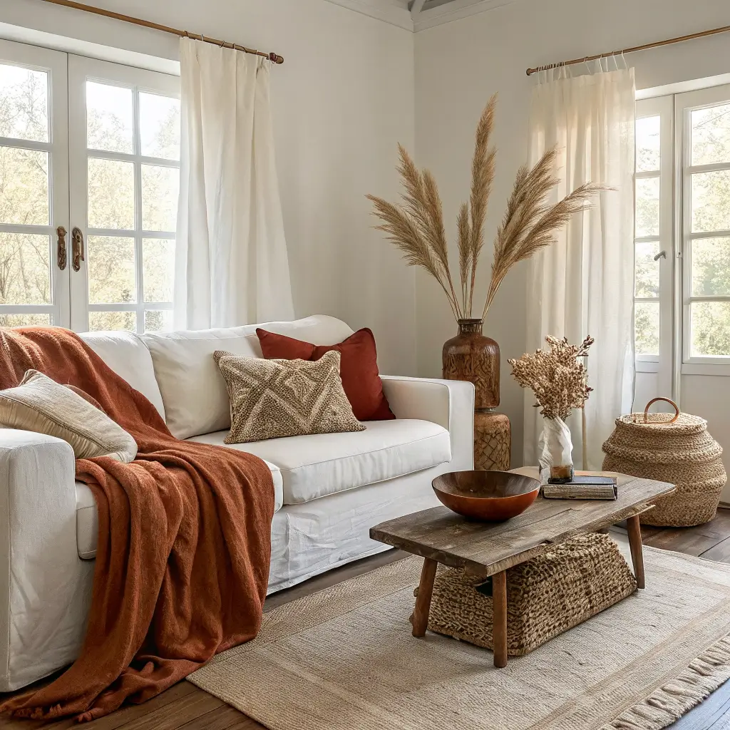 Small fall-styled living room with white slipcovered sofa, rust and ochre pillows, chunky knit throw, driftwood coffee table with brass candlestick, jute rug, pampas grass vase, and soft light through linen curtains.