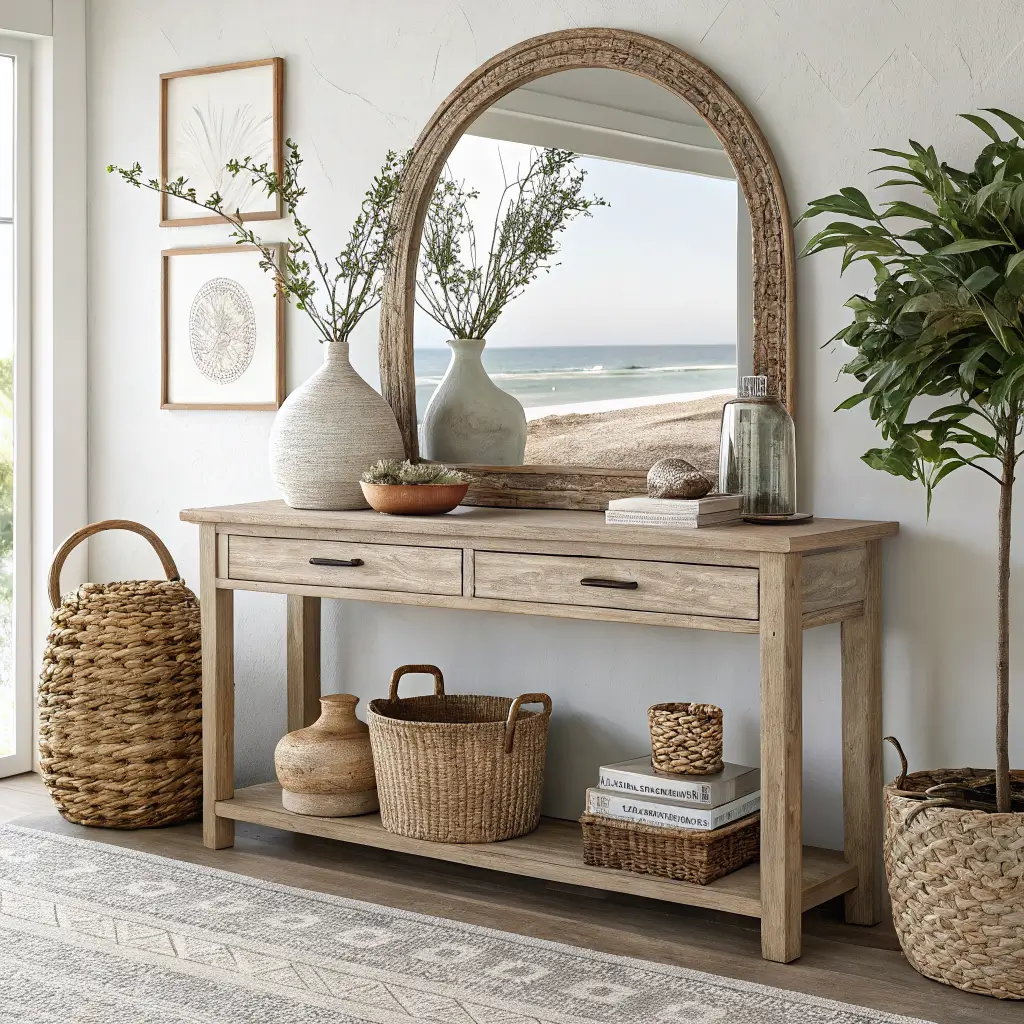 Bohemian coastal entryway with weathered oak console, arched rattan mirror, eucalyptus vase, woven tray, terracotta pot, seagrass baskets, espadrilles, and jute runner in soft morning light.