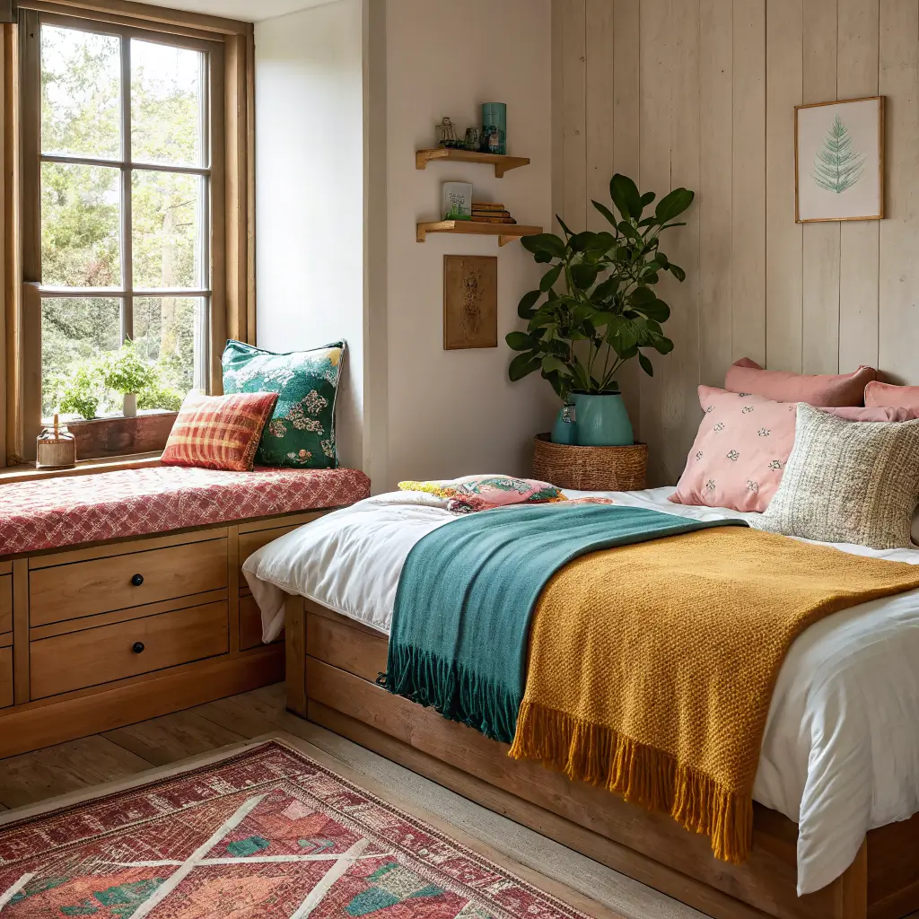 Close-up of a colorful bedroom corner with folded textiles on a rattan bench, a partially unrolled vintage-style runner on honey oak floorboards, and a terracotta dish of brass drawer pulls against a limewashed wall in soft window light.