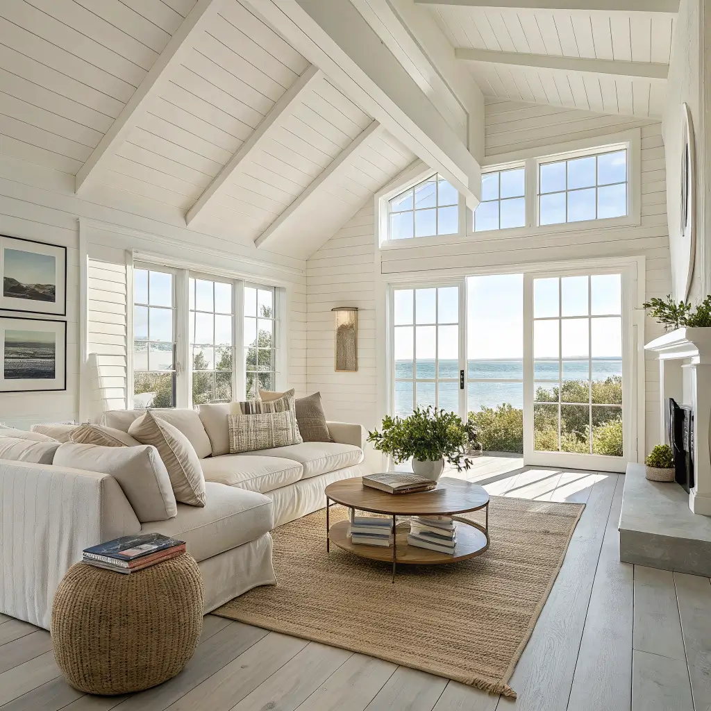 Sunlit coastal minimalist living room with white shiplap walls, oak floors, linen sofa on jute rug, round oak coffee table with vase, seascape art, and sea-glass green accent pillow.