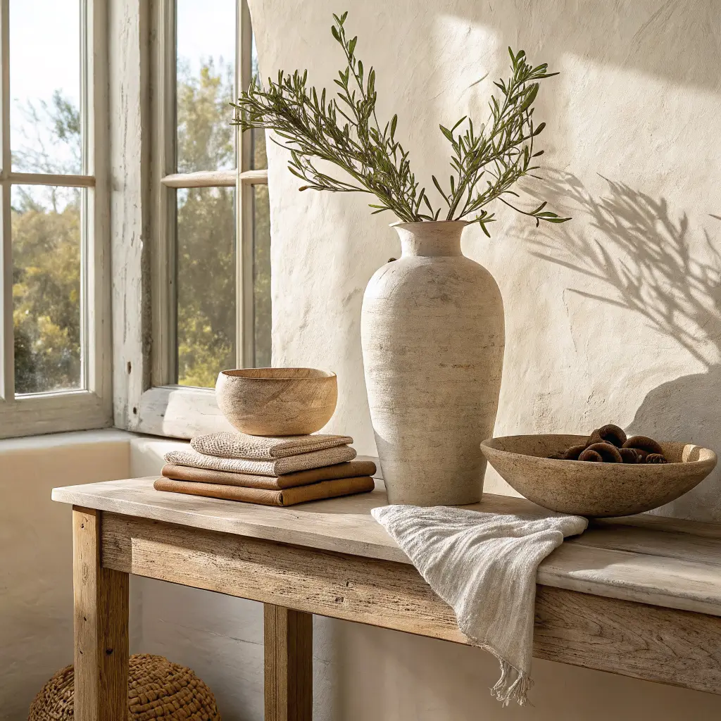 Close-up of a coastal minimalist vignette on a limed white oak console table with a sand matte vase, driftwood, cream linen runner, glass bowl, and olive sprig in warm late-afternoon light.