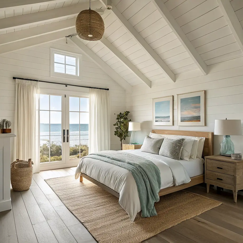 Photorealistic coastal minimalist primary bedroom with vaulted white plank ceiling, light oak platform bed in layered cream linens with faded aqua throw, jute rug, abstract shoreline art, and soft morning light through sheer ivory curtains.