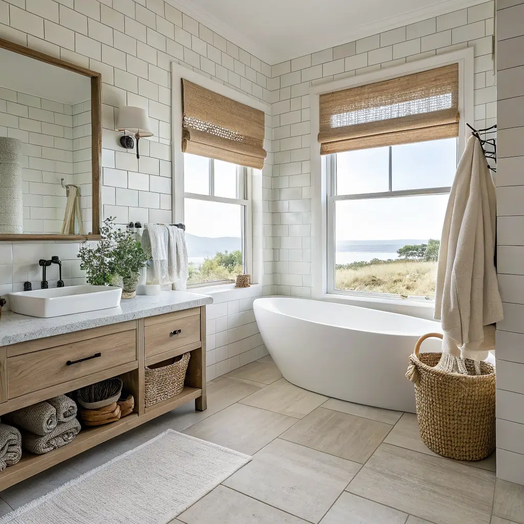 Photorealistic coastal minimalist bathroom with white zellige tiles, oak vanity, matte white soaking tub under a frosted window, rattan mirror, and neutral towels in bright natural light.