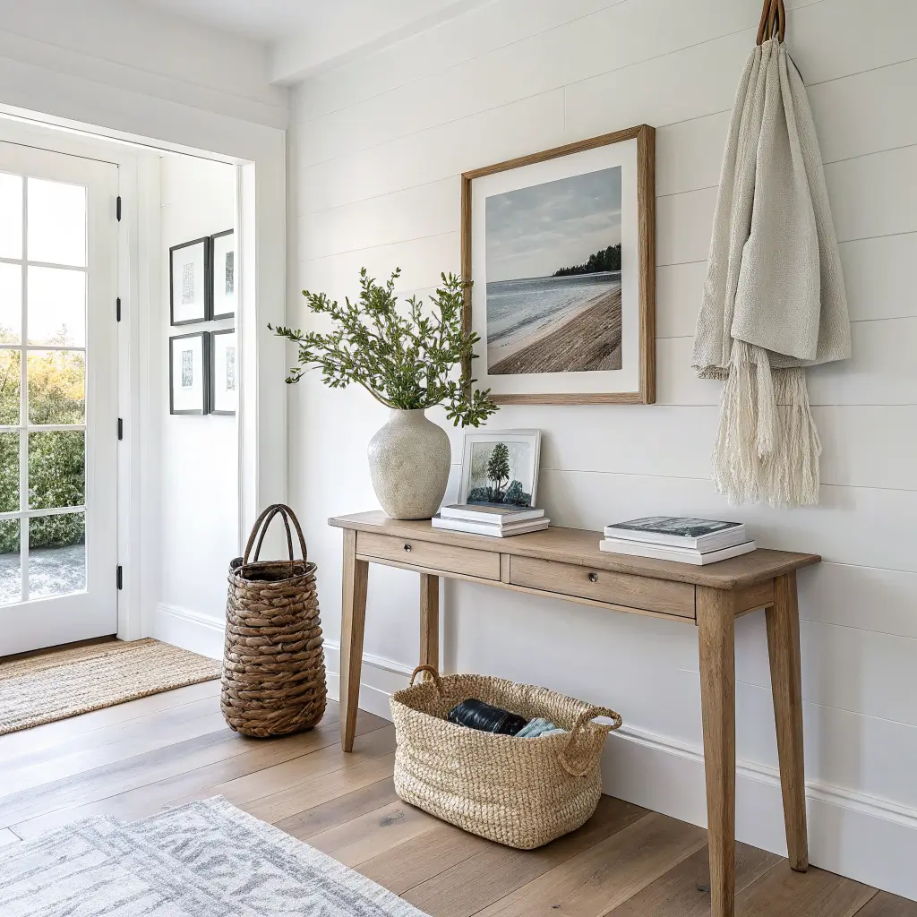 Coastal minimalist entryway with white walls, white oak floors, limed-oak console, eucalyptus vase, jute runner, seagrass basket, brass hooks, and a tall window in soft morning light.
