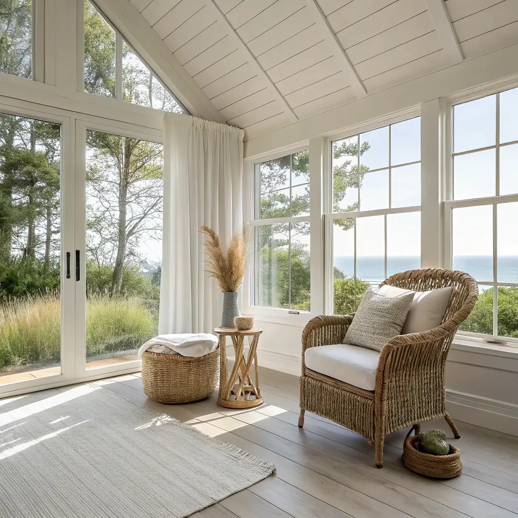 Photorealistic coastal minimalist sunroom with floor-to-ceiling windows, pale oak herringbone floors, rattan chair, seagrass rug, olive tree, and sunlit linen curtains.