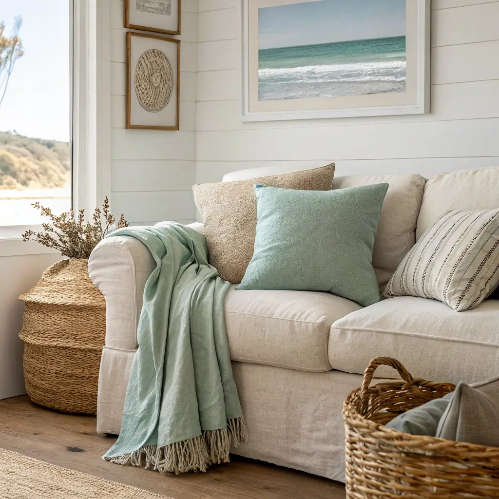 Close-up of a coastal minimalist sofa corner with oatmeal linen upholstery, cream and warm gray pillows, a single sea-glass green accent pillow, a faded aqua throw, and a seagrass basket in soft afternoon light.