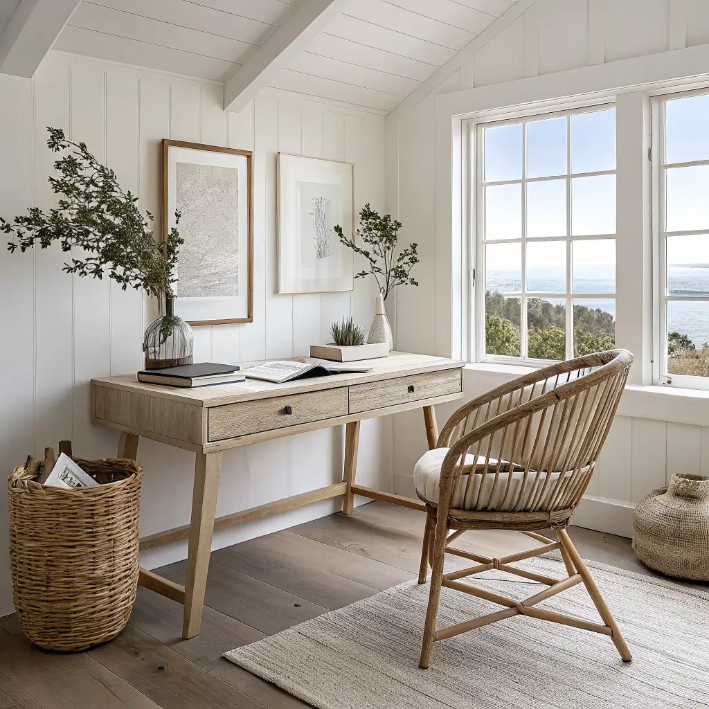 Photorealistic coastal minimalist home office with ash desk under a tall window, rattan chair, jute rug, muted seascape print, and soft natural daylight.