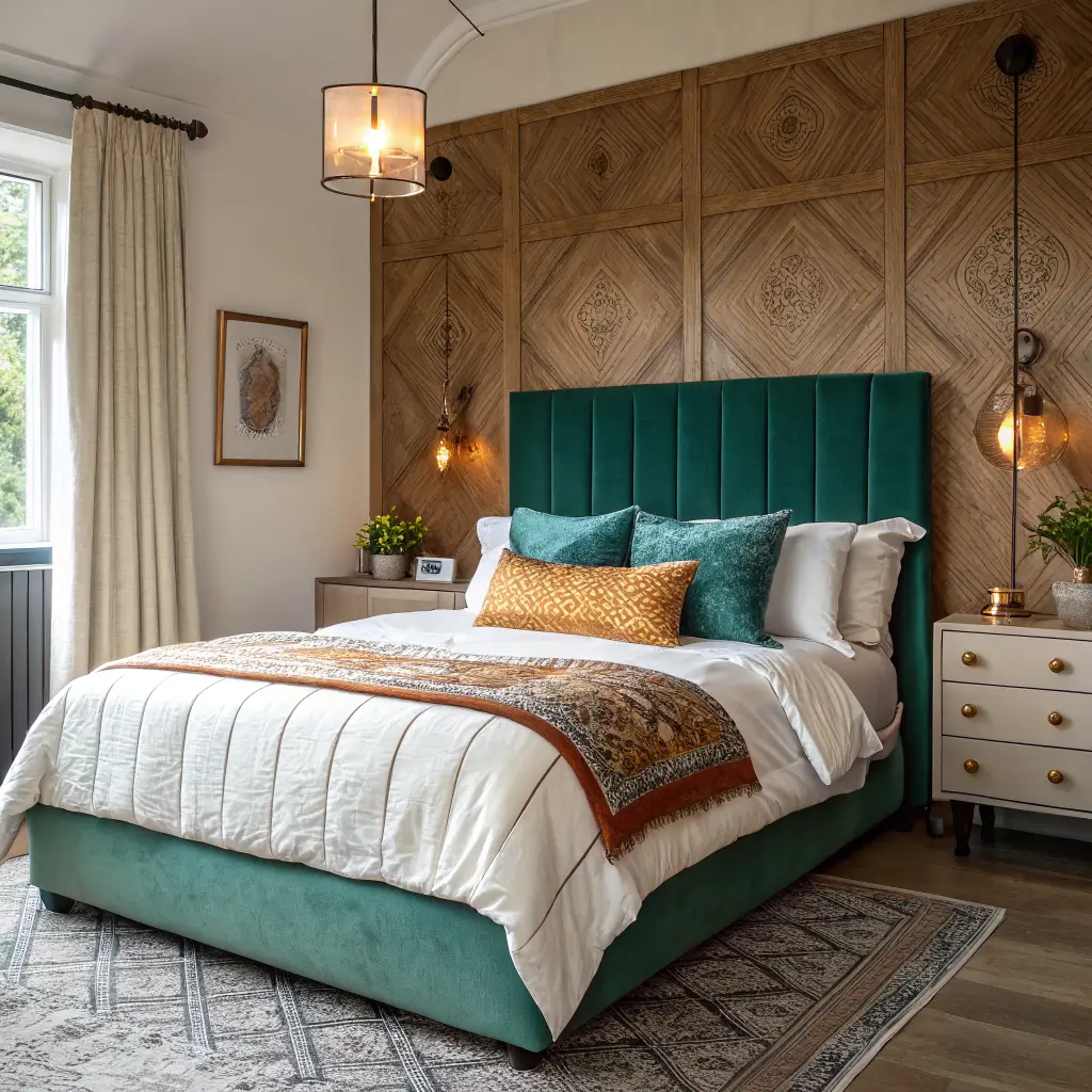 Photorealistic eclectic bedroom with emerald velvet headboard, rust block-print duvet, mismatched nightstands, and warm pendant light against deep teal limewashed wall.