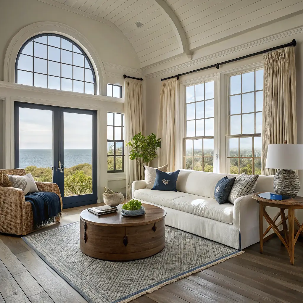 Photorealistic moody coastal 1940s bungalow living room with navy walls, cream slipcovered sofa, jute rug, oak coffee table, and stormy late-afternoon light through arched windows with linen curtains.