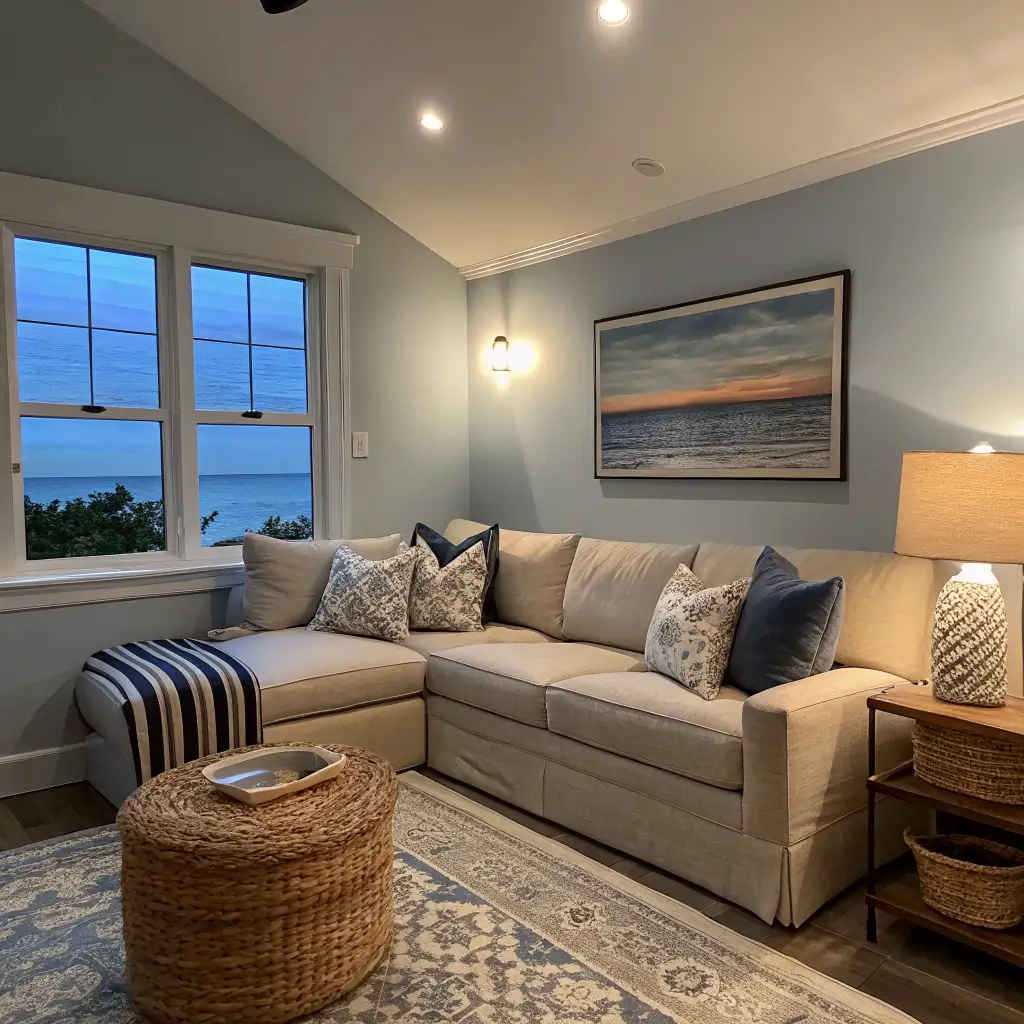Moody coastal den at dusk with navy wall behind a charcoal sectional, abstract stormy seascape art in brass frame, walnut console with ceramic lamp, and jute-wool rug in cool window light and warm lamp glow.