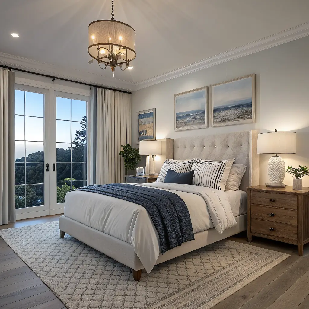 Photorealistic serene primary bedroom at blue hour with navy accent wall, oatmeal linen bed, rattan lamps on oak nightstands, and stormy seascape above the headboard.