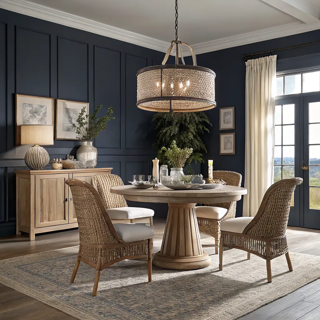 Moody coastal dining room with near-black navy walls, round oak table for four with rattan chairs, warm capiz pendant, candles and eucalyptus centerpiece, jute rug, and brass sconces in evening light.