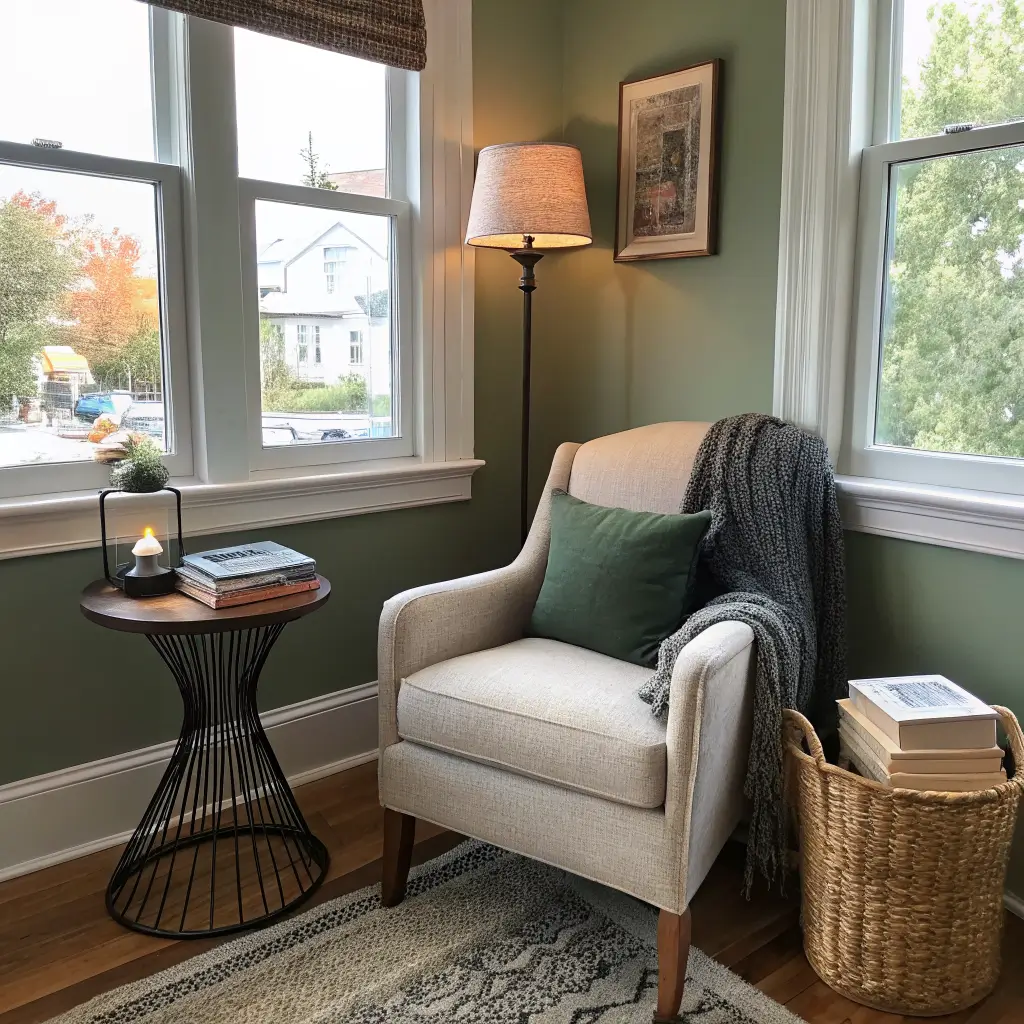 Photorealistic bay-window reading nook with gray-green walls, oatmeal armchair with charcoal knit throw, oak side table with glowing lamp, books and candle, jute rug, brass-framed abstract art, and basket of blankets in soft overcast light.