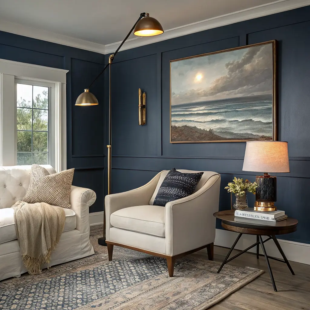 Moody coastal living room corner at twilight with navy walls, cream sofa under abstract ocean art, brass sconces, floor and table lamps casting warm 2700K light, oak chair, jute rug, and layered pillows.