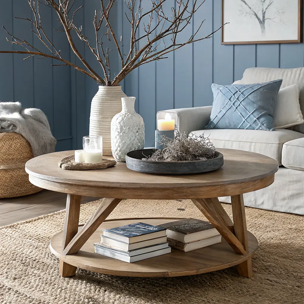 Moody coastal coffee table vignette with oak round table on jute rug, ceramic vase with eucalyptus, stacked linen books and candle, driftwood, with cream sofa edge and navy wall in soft light.