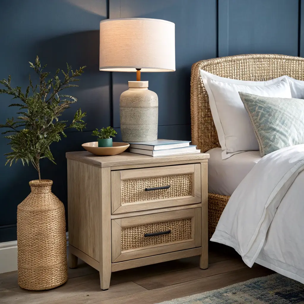 Moody coastal bedroom nightstand with rattan lamp glowing against a Hale Navy wall, styled with ceramic dish, olive stem vase, and linen books in dawn light.
