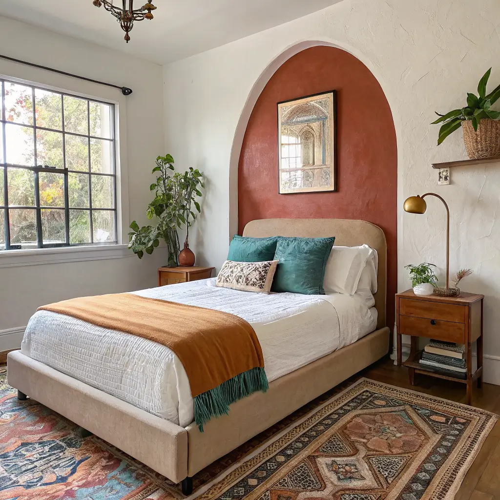 Photorealistic eclectic renter-friendly bedroom with a dusty terracotta painted arch headboard behind a low bed, layered cream and rust bedding, teal accents, Persian runner, brass sconce, mushroom lamp, and pothos in warm afternoon light.