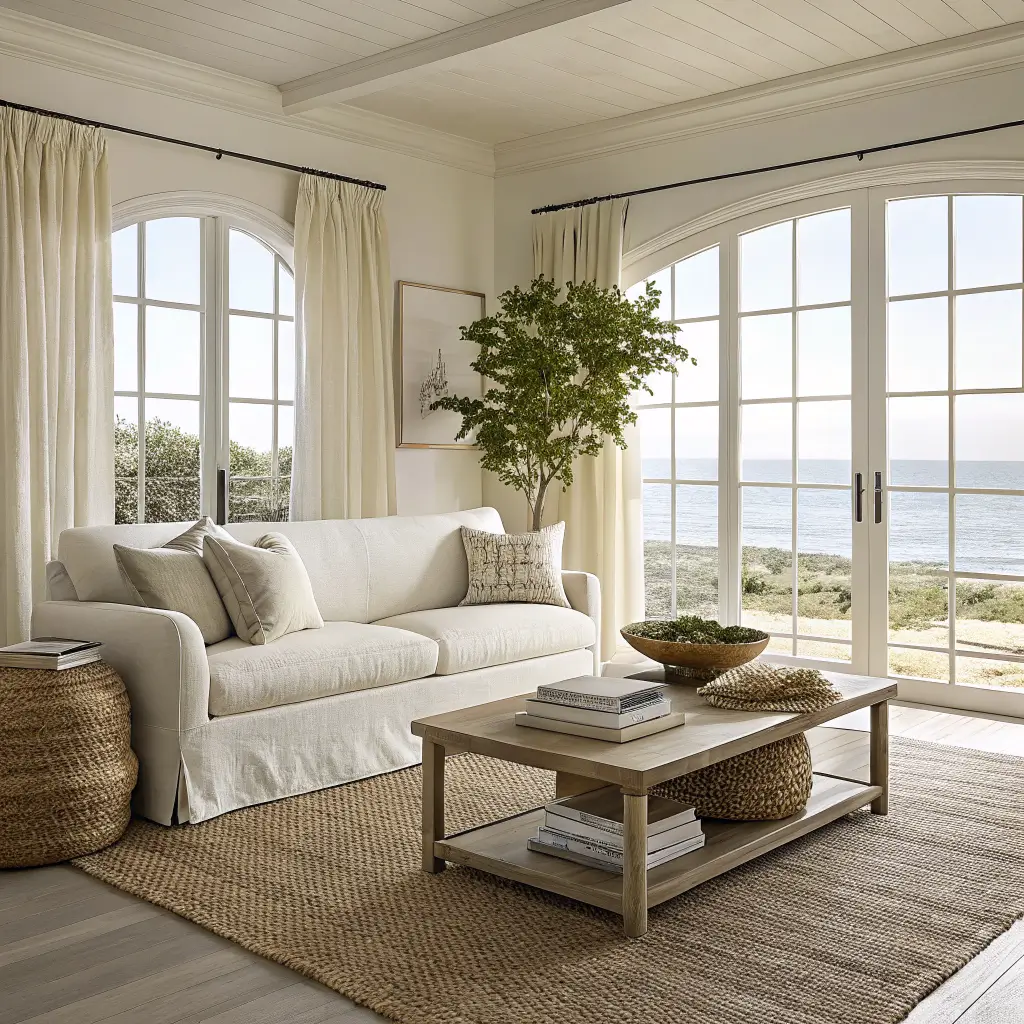 Photorealistic coastal-chic living room with oatmeal linen sofa on a jute rug, whitewashed oak coffee table, sheer-curtained west windows casting soft morning light, abstract shoreline art, and an olive tree in a seagrass basket.