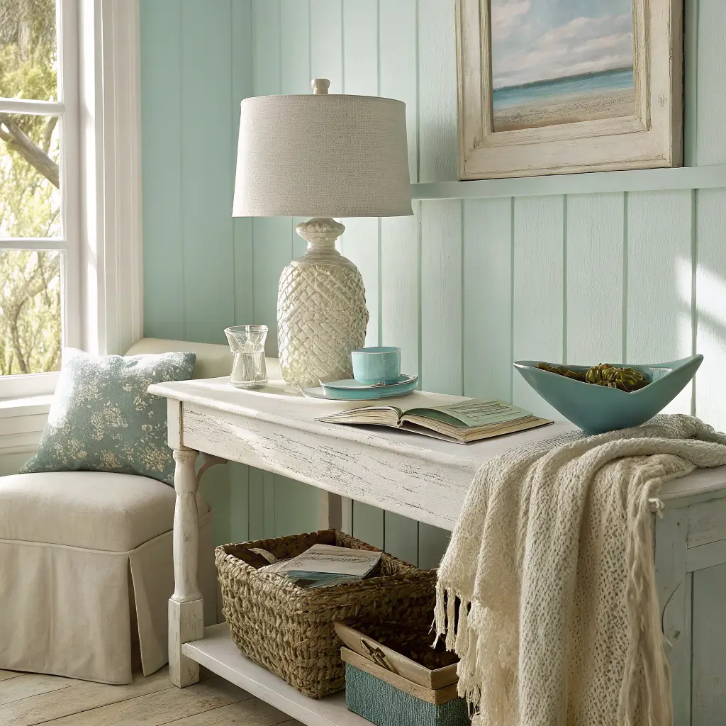 Close-up of coastal chic reading nook paint palette with Palladian Blue and Chantilly Lace walls, swatches on a whitewashed console beside a ceramic lamp, linen throw, sea glass bowl, and eucalyptus in soft sunlit detail.