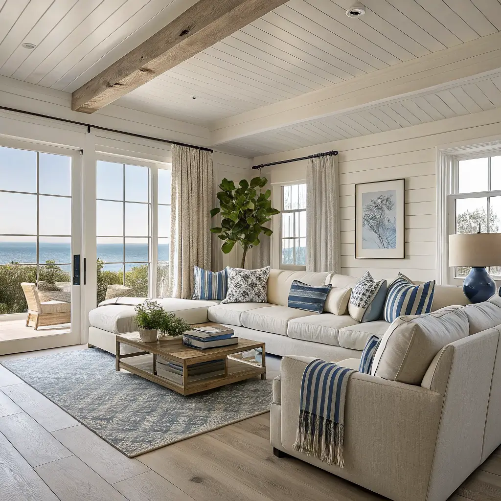 Photorealistic coastal chic living room with oatmeal slipcovered sofa, layered pillows, vintage seascape art, and sunlight filtered through tall linen drapes on whitewashed oak floor.