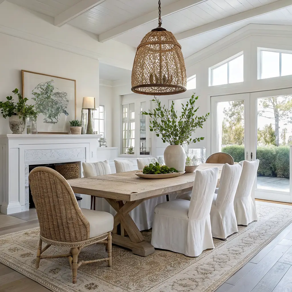 Photorealistic coastal-chic dining area with whitewashed oak pedestal table for six, linen slipcovered chairs, linen runner with eucalyptus vase and brass taper candles, rattan pendant, sisal rug, and abstract shoreline art in soft late-morning light.