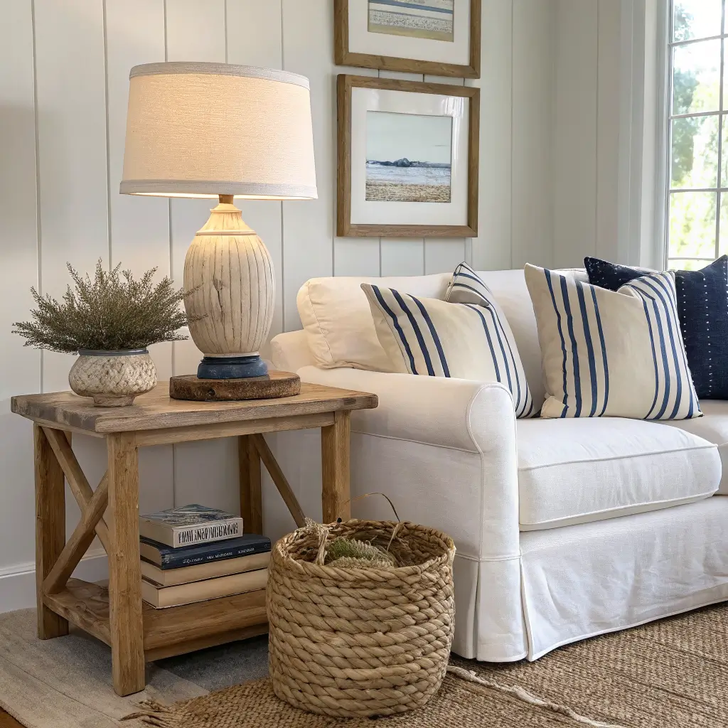 Coastal chic living room corner with driftwood ceramic lamp on whitewashed side table, oatmeal sofa, layered navy stripe, sage print and cream linen pillows, seagrass tray and jute rug in warm greige daylight.