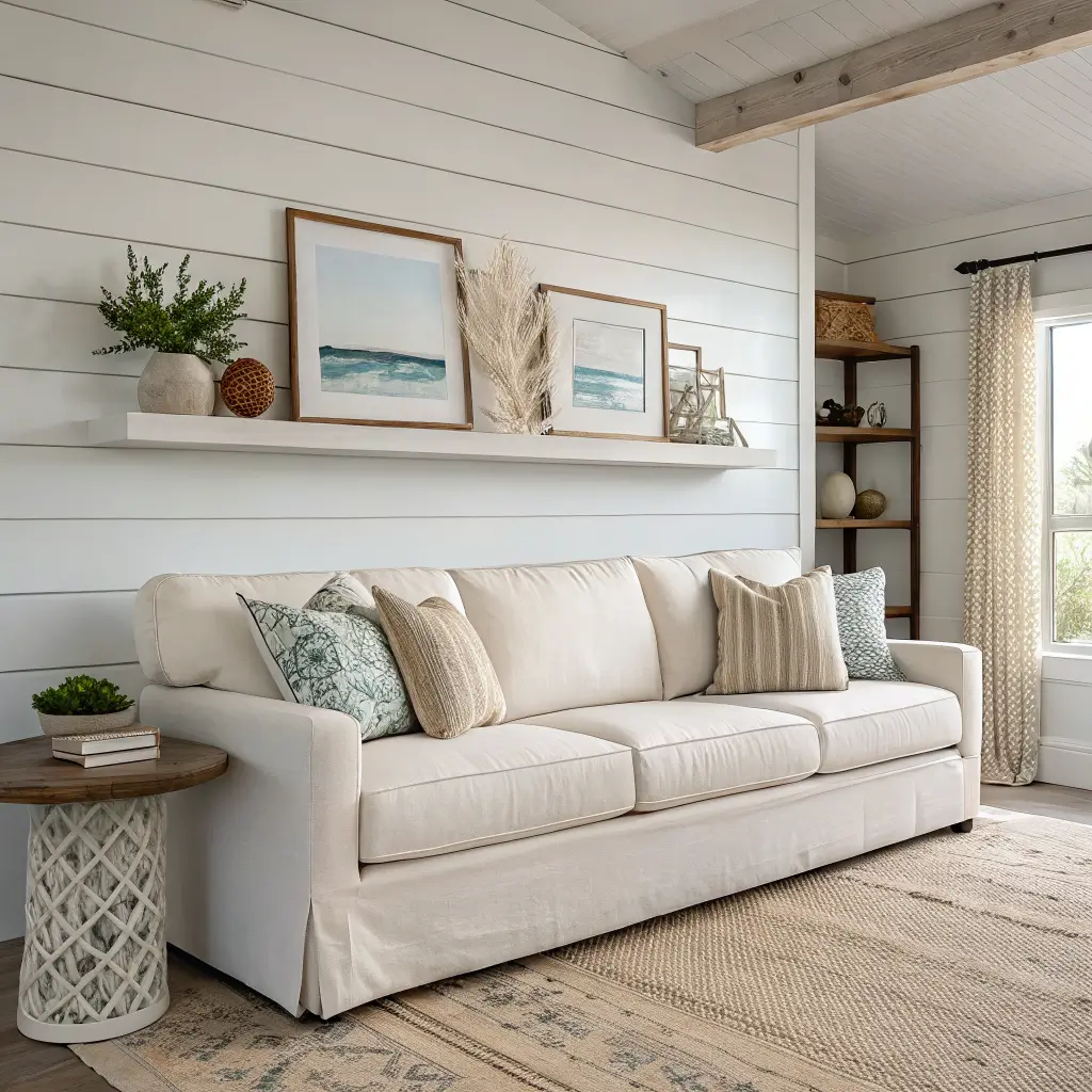 Coastal chic living room with half-height white shiplap behind an oatmeal slipcovered sofa, a floating white oak shelf with three minimal decor pieces, linen armchair, and jute rug in soft daylight.