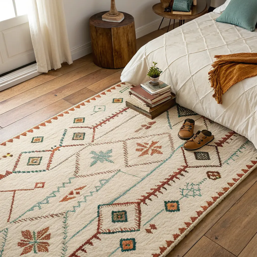 Overhead 45° view of a cream-linen bed with rust duvet on a Moroccan cream, rust, and teal diamond rug over honey oak floors, with leather slippers and art books beside it.