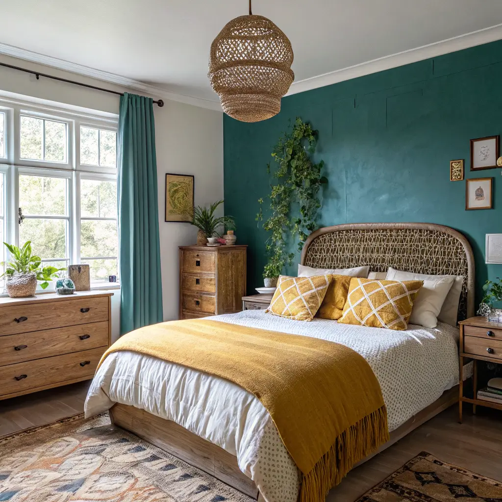 Photorealistic eclectic bedroom with deep teal limewashed feature wall behind cane headboard, rust block-print bedding, mustard accents, rattan pendant, and green vintage dresser in warm afternoon light.