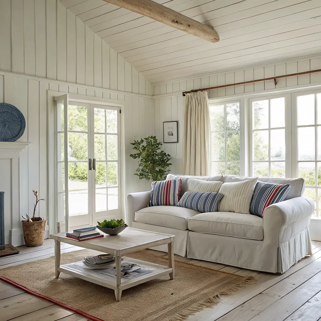Sunlit French coastal living room with white paneling, oak floors, cream slipcovered sofa with striped pillows, limewashed oak coffee table, layered jute and wool rugs, and sheer linen curtains.