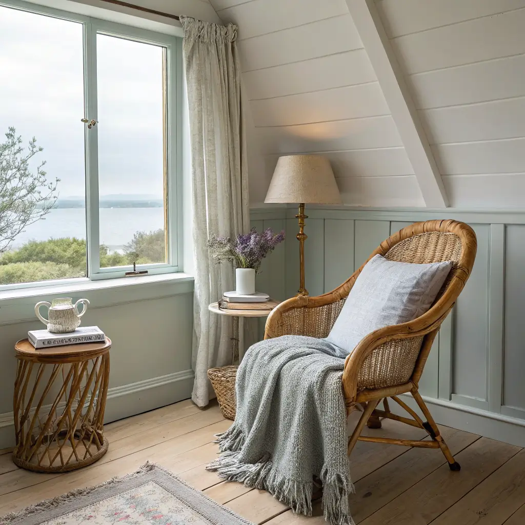 Photorealistic French coastal reading nook with a rattan chair, gray throw, side table with lamp and lavender, and a framed Brittany map by a soft-lit window.