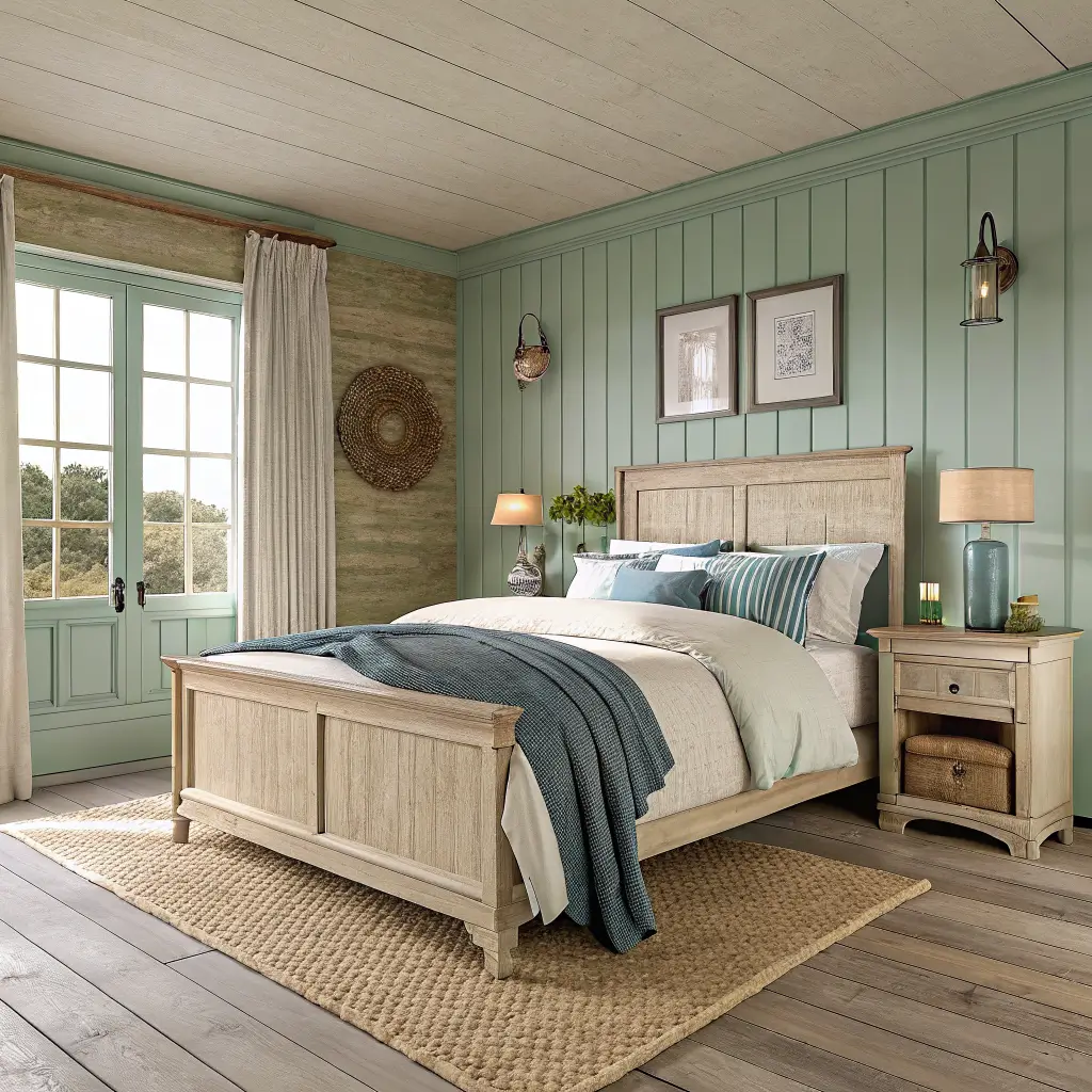 Photorealistic French coastal bedroom at golden hour with sage-green paneled wall, light oak bed with layered linen bedding, cream nightstands with vases, rope-edged mirror, sheer window light, and seagrass rug on wide pine floors.