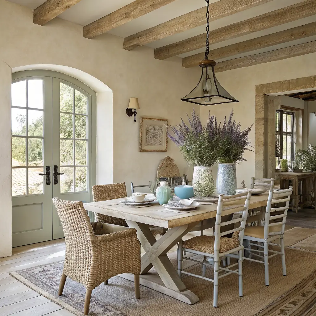 French coastal dining area with ivory plaster walls, sage niche, oak farmhouse table and seagrass chairs, blue vases with lavender and olive branches plus a red pitcher under a seagrass pendant in morning light.