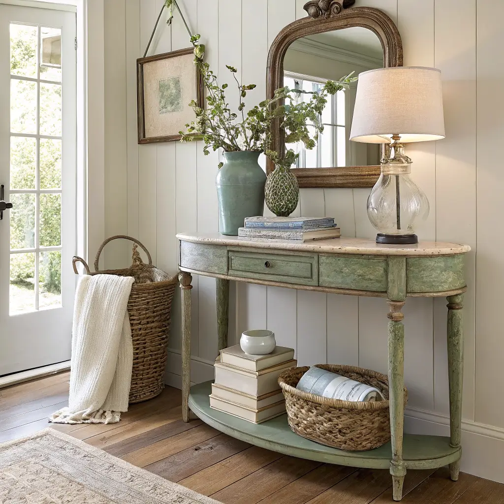 Photorealistic French coastal entryway with sage console table, brass lamp, books, olive branches, weathered mirror, wicker basket, jute runner, and rattan chair on honeyed oak floors.