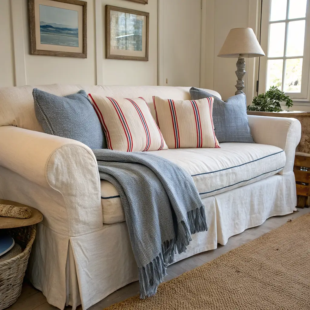 Close-up of a French coastal living room corner with a cream linen slipcovered sofa, five mixed striped and solid cushions, gray wool and pale blue chambray throws, layered seagrass and wool rugs, and a sunlit oak side table with a glass carafe.