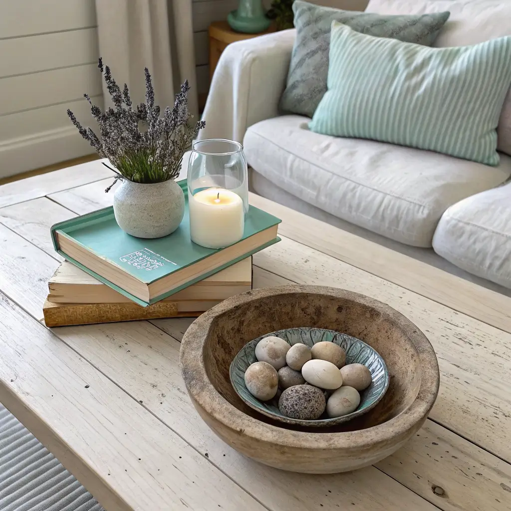 French coastal still life on limewashed oak table with driftwood bowl, candle and lavender carafe, celadon vase with olive branches, linen books, and blurred cream sofa with red striped cushion behind.