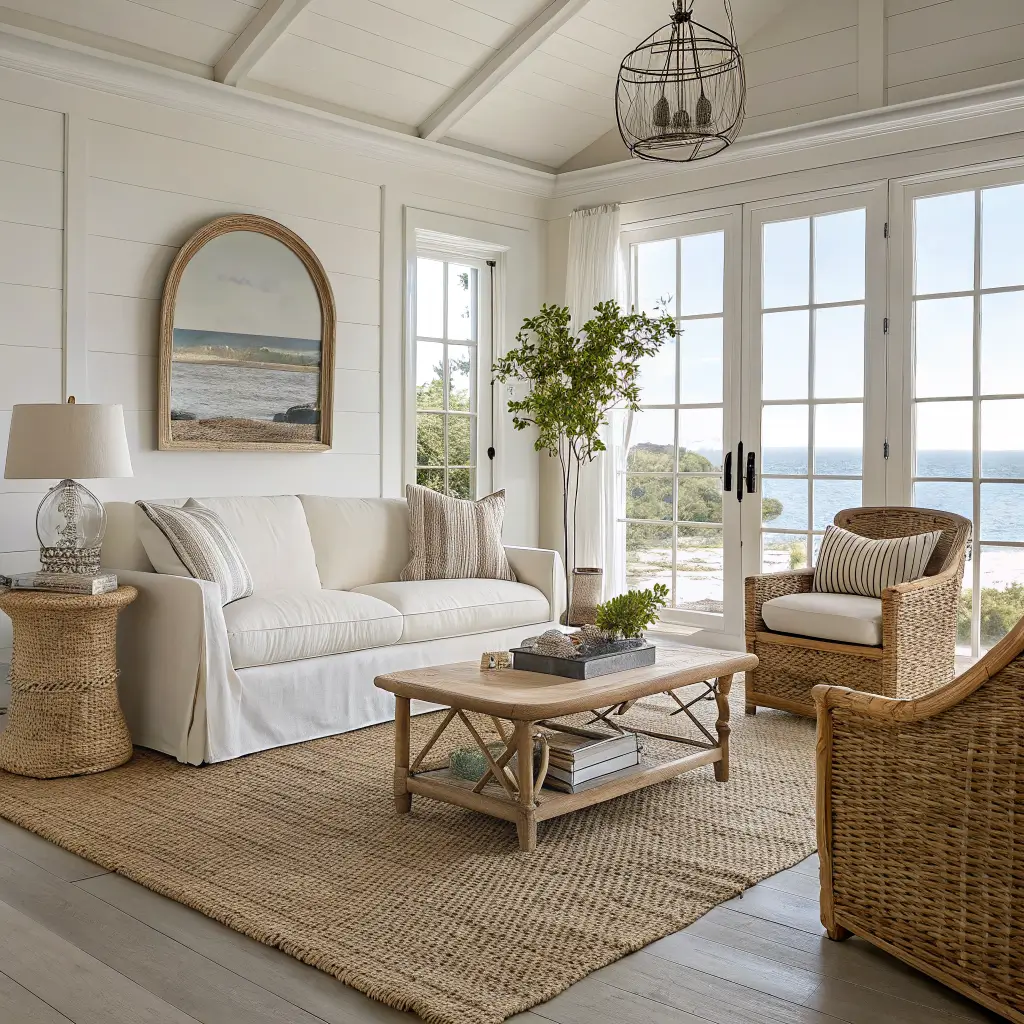 Wide corner view of a French coastal living room with cream linen sofa, rattan chairs, oak coffee table on layered seagrass and wool rugs, tall ivory sheer curtains, weathered mirror, clustered wall art, and a red enamel pitcher accent in balanced midday light.