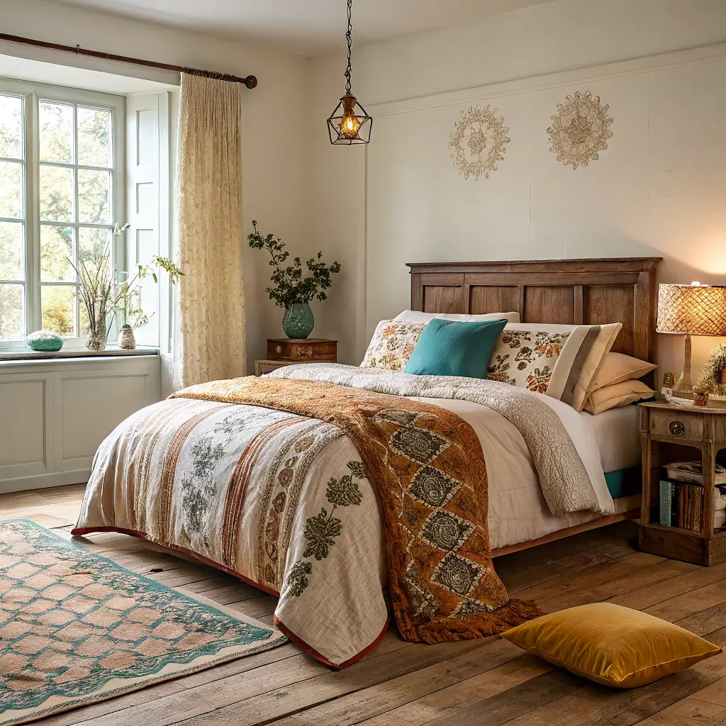Low-angle photorealistic view of an eclectic made bed with rust floral duvet, kilim and velvet pillows, cream kantha quilt, cane headboard, and warm lamp glow in soft morning light.