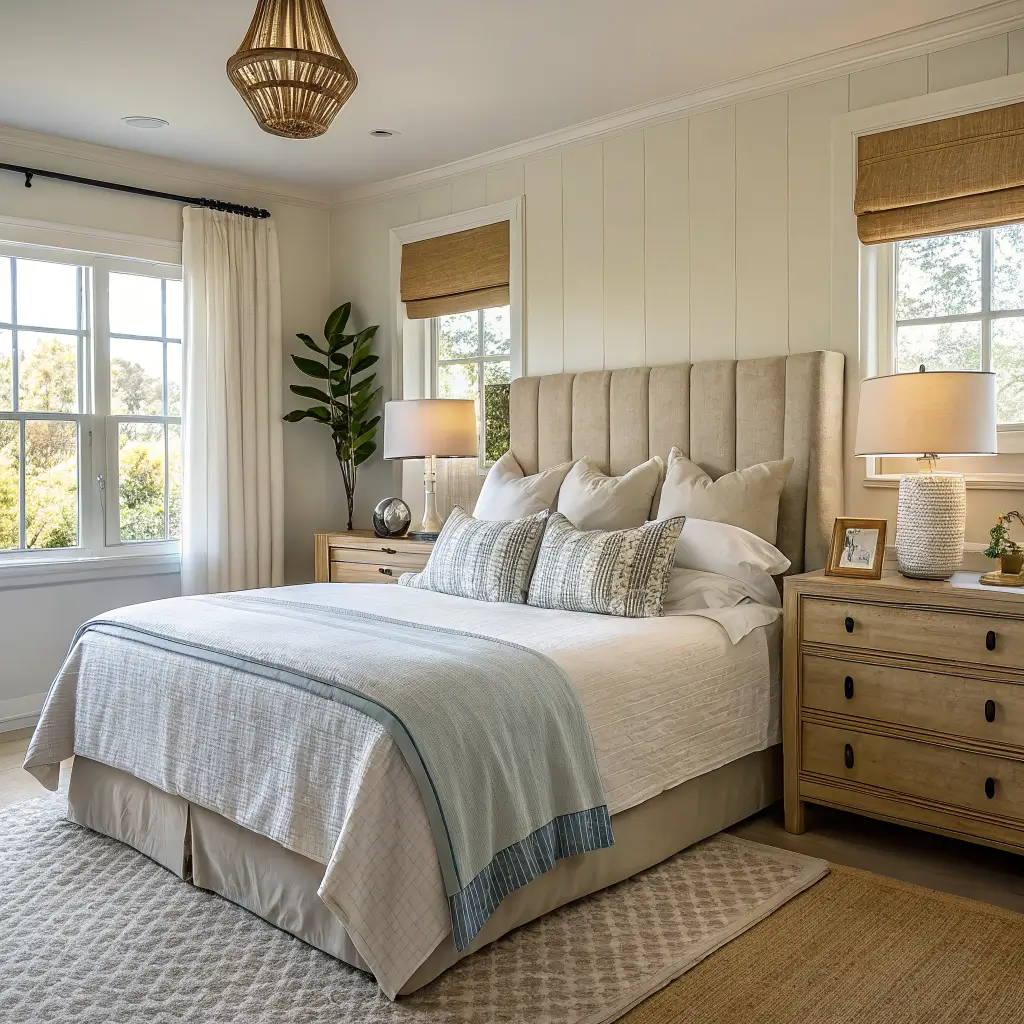 Photorealistic guest bedroom with flax linen headboard, queen bed in stone-white bedding, mismatched rattan and oak nightstands with ceramic lamps, jute rug, and golden afternoon light from the right.
