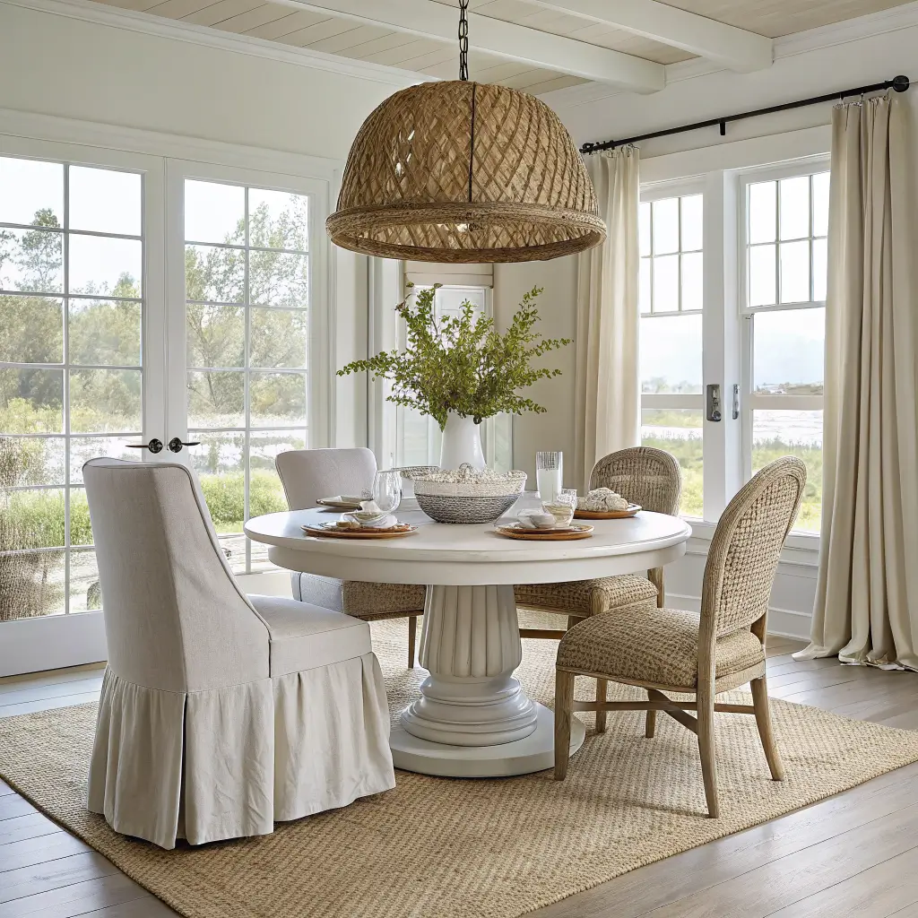 Photorealistic coastal dining area with round white oak table, four linen slipcovered chairs, seagrass pendant, eucalyptus centerpiece, and gauzy curtains in soft neutral light.