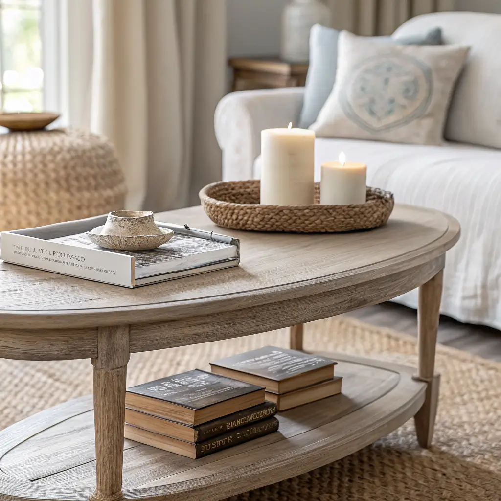 Close-up of a neutral coastal living room coffee table with driftwood, a stack of three books, and a rattan tray holding an unlit ivory candle, softly lit in the morning.