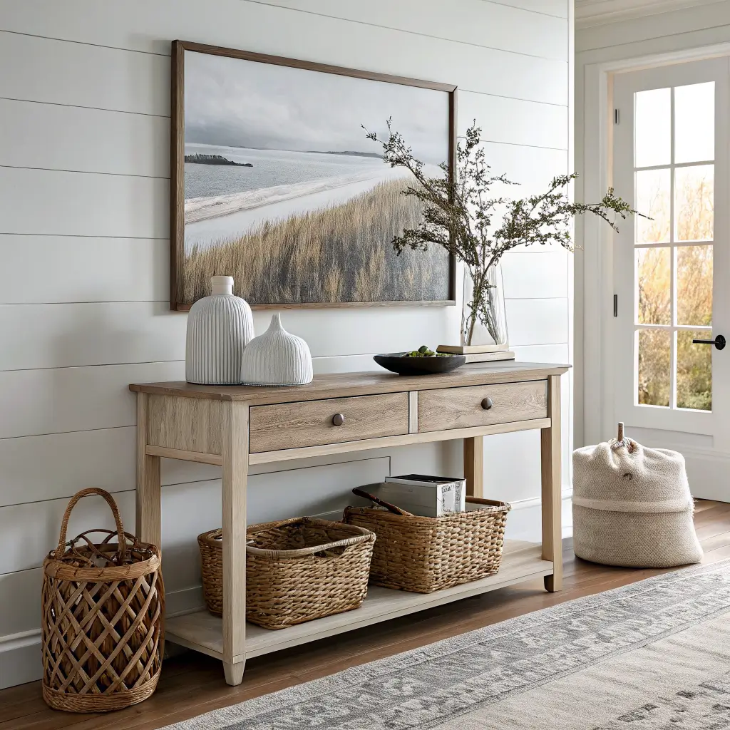 Photorealistic coastal entryway with a white oak console against a Moonshine-gray wall, seagrass basket below, minimal ceramics and brass accents, and a large foggy shoreline photo above in morning side light.